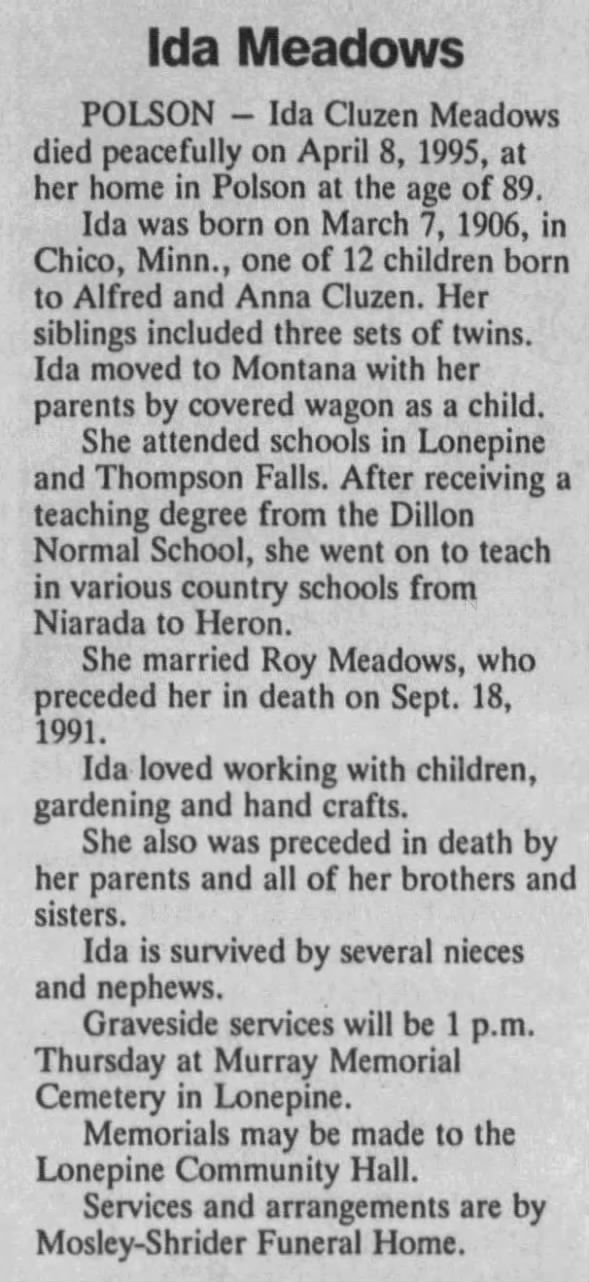 Obituary for Ida Cluzen Meadows, 1906-1995 (Aged 89)